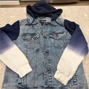 Hollister Epic Flex Light Blue Denim Jacket with Navy Hood—Medium